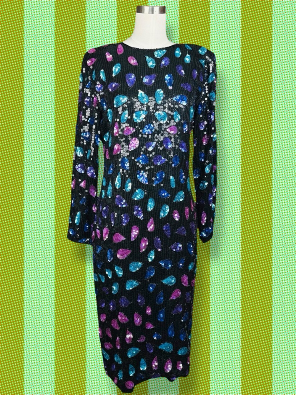 Joseph Le Bon Vintage 80s Abstract Silk Sequin Long Sleeve Slit Midi Dress M